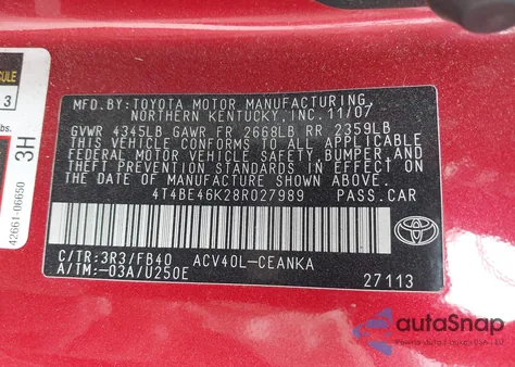 2008 Toyota Camry Le from USA, damaged, VIN 4T4BE46K28R027989